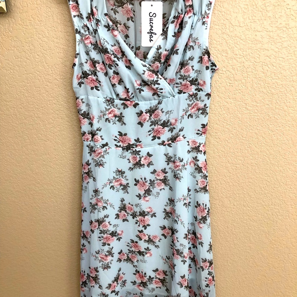 Sweet Pea Light Blue Midi Dress with Pink Floral Print
